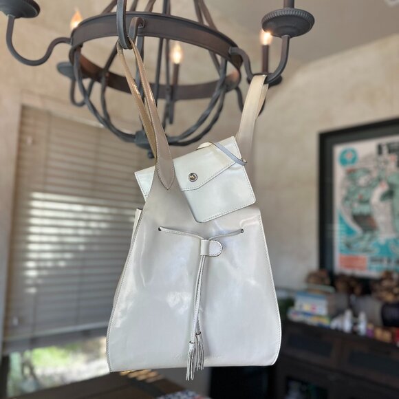 Salvatore Ferragamo Handbags - Salvatore Ferragamo Backpack Off-White Patent Leather with Pouch, Rare Vintage